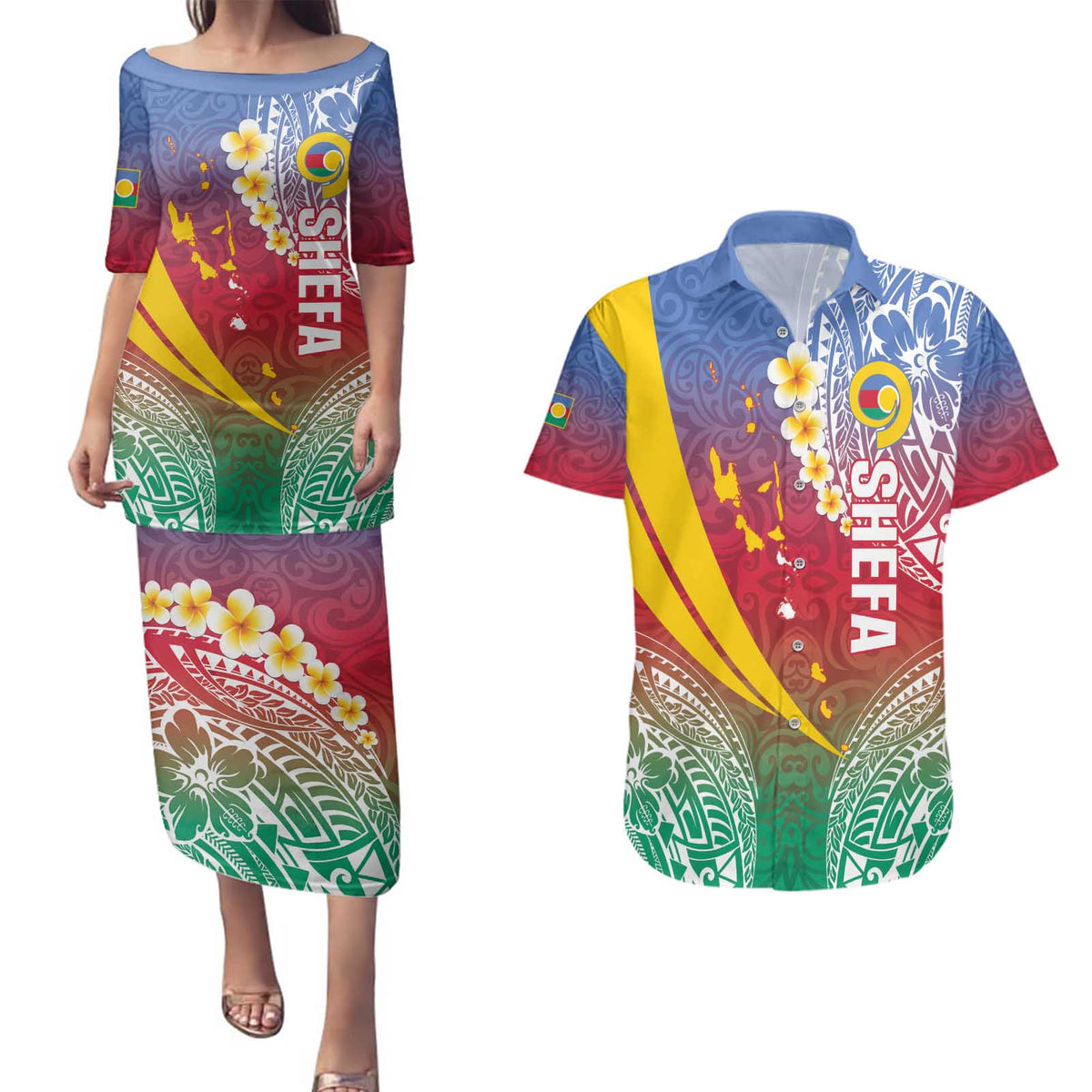 Shefa Province Couples Matching Puletasi and Hawaiian Shirt Vanuatu Pattern Map - Plumeria Flag Color LT14 Red - Polynesian Pride
