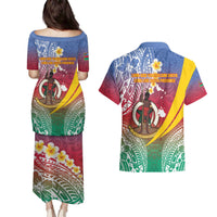 Shefa Province Couples Matching Puletasi and Hawaiian Shirt Vanuatu Pattern Map - Plumeria Flag Color LT14 - Polynesian Pride