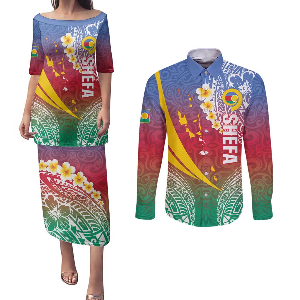 Shefa Province Couples Matching Puletasi and Long Sleeve Button Shirt Vanuatu Pattern Map - Plumeria Flag Color LT14 Red - Polynesian Pride