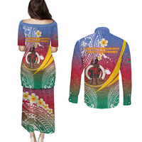 Shefa Province Couples Matching Puletasi and Long Sleeve Button Shirt Vanuatu Pattern Map - Plumeria Flag Color LT14 - Polynesian Pride