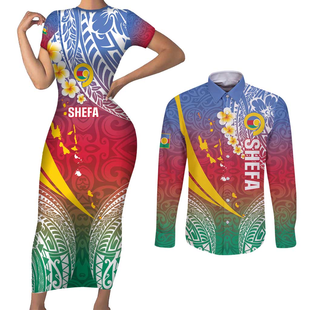 Shefa Province Couples Matching Short Sleeve Bodycon Dress and Long Sleeve Button Shirt Vanuatu Pattern Map - Plumeria Flag Color LT14 Red - Polynesian Pride