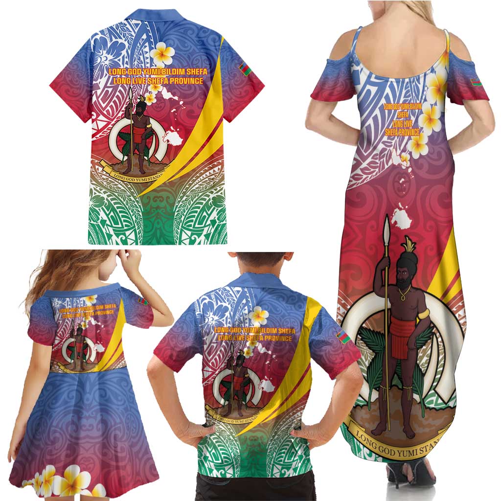 Shefa Province Family Matching Summer Maxi Dress and Hawaiian Shirt Vanuatu Pattern Map - Plumeria Flag Color