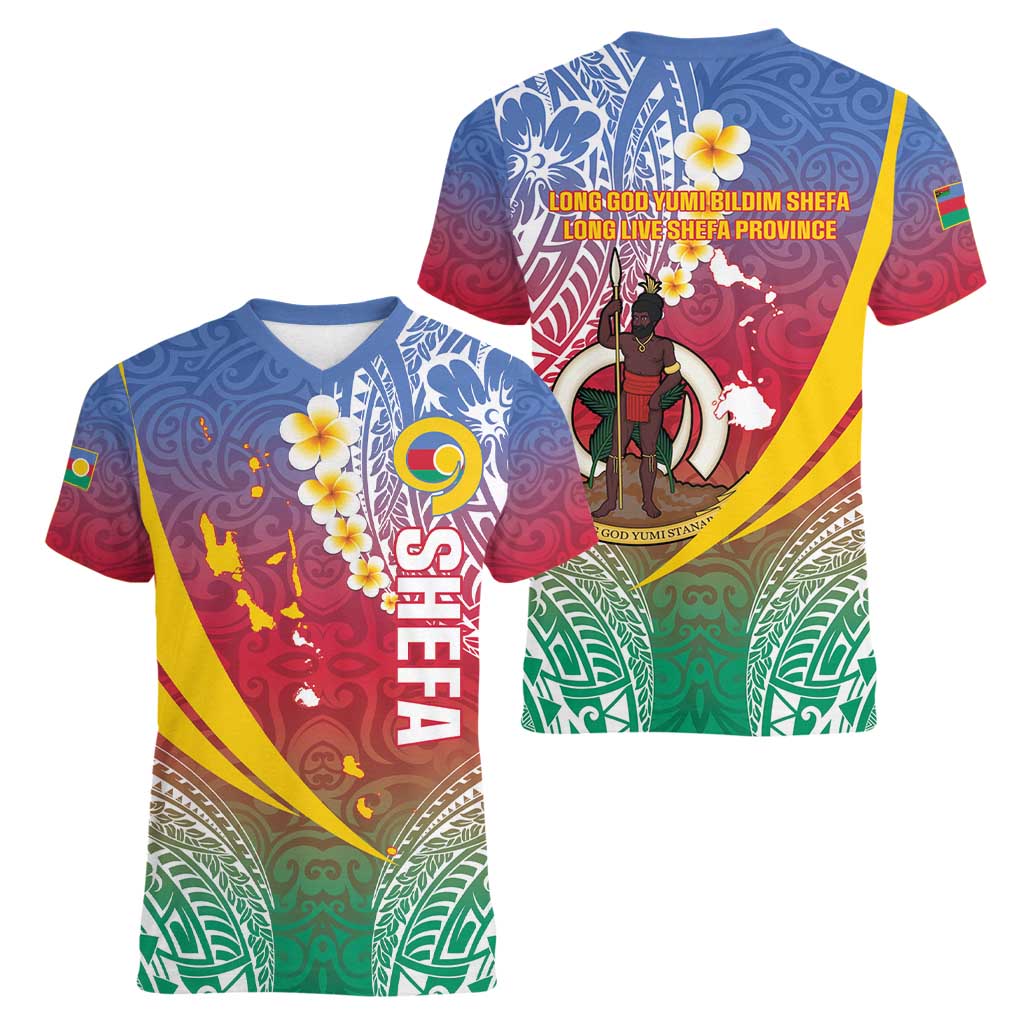 Shefa Province Women V-Neck T-Shirt Vanuatu Pattern Map - Plumeria Flag Color