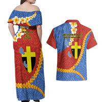 Tafea Province Couples Matching Off Shoulder Maxi Dress and Hawaiian Shirt Vanuatu Pattern Map - Plumeria Flag Color