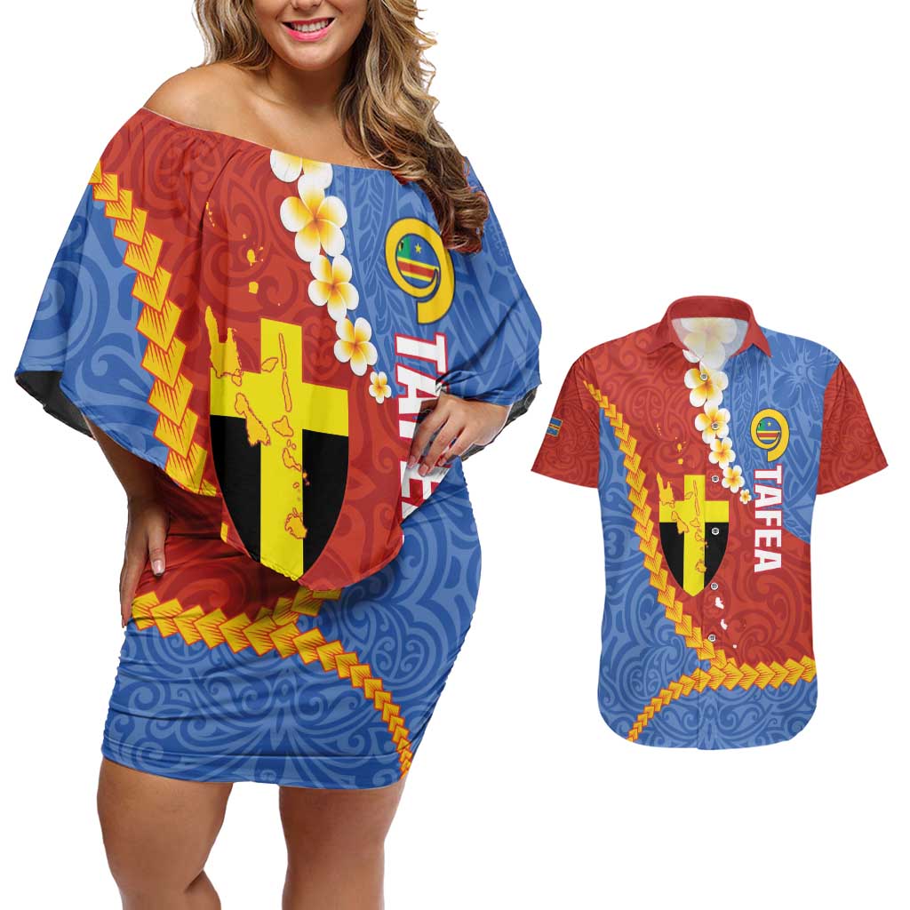 Tafea Province Couples Matching Off Shoulder Short Dress and Hawaiian Shirt Vanuatu Pattern Map - Plumeria Flag Color LT14 Red - Polynesian Pride