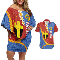 Tafea Province Couples Matching Off Shoulder Short Dress and Hawaiian Shirt Vanuatu Pattern Map - Plumeria Flag Color LT14 Red - Polynesian Pride