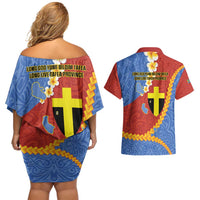 Tafea Province Couples Matching Off Shoulder Short Dress and Hawaiian Shirt Vanuatu Pattern Map - Plumeria Flag Color LT14 - Polynesian Pride