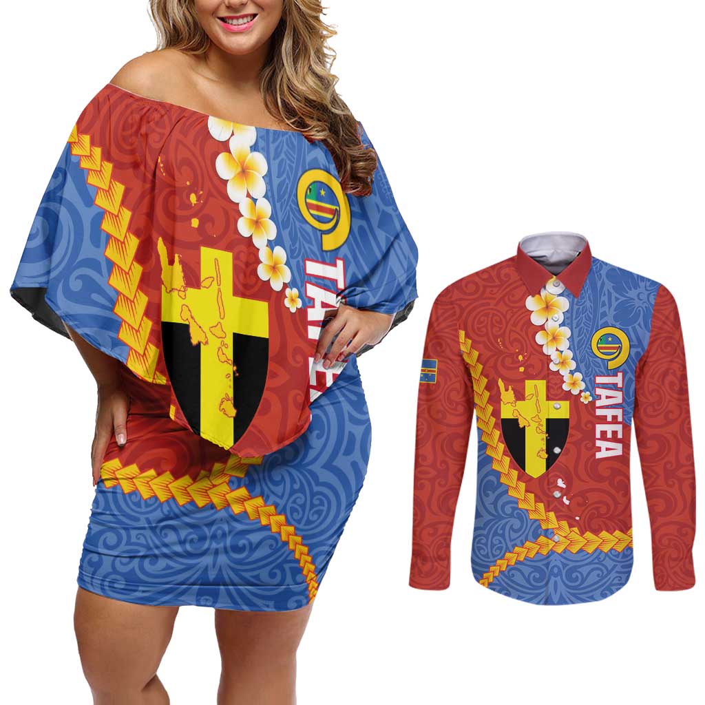 Tafea Province Couples Matching Off Shoulder Short Dress and Long Sleeve Button Shirt Vanuatu Pattern Map - Plumeria Flag Color LT14 Red - Polynesian Pride