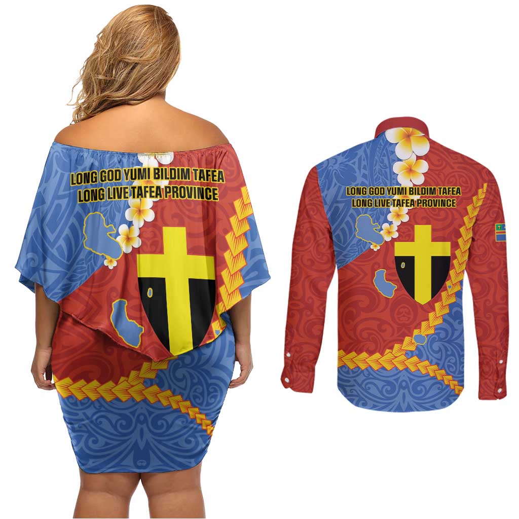 Tafea Province Couples Matching Off Shoulder Short Dress and Long Sleeve Button Shirt Vanuatu Pattern Map - Plumeria Flag Color LT14 - Polynesian Pride