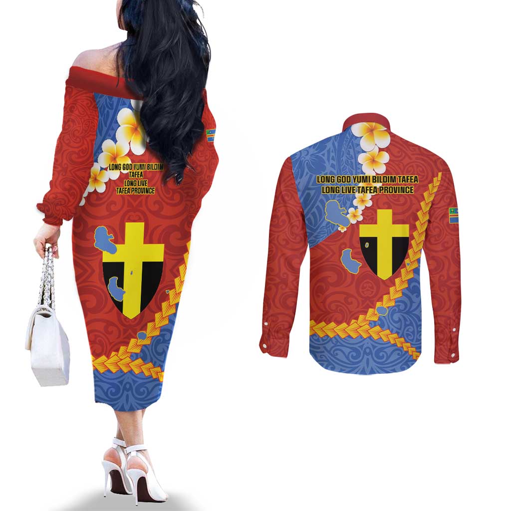 Tafea Province Couples Matching Off The Shoulder Long Sleeve Dress and Long Sleeve Button Shirt Vanuatu Pattern Map - Plumeria Flag Color
