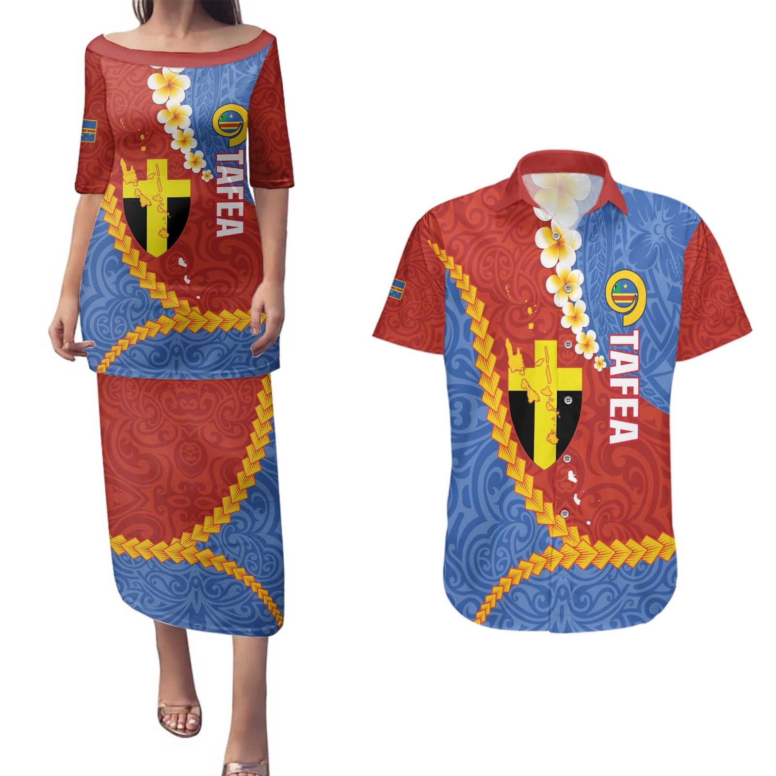 Tafea Province Couples Matching Puletasi and Hawaiian Shirt Vanuatu Pattern Map - Plumeria Flag Color