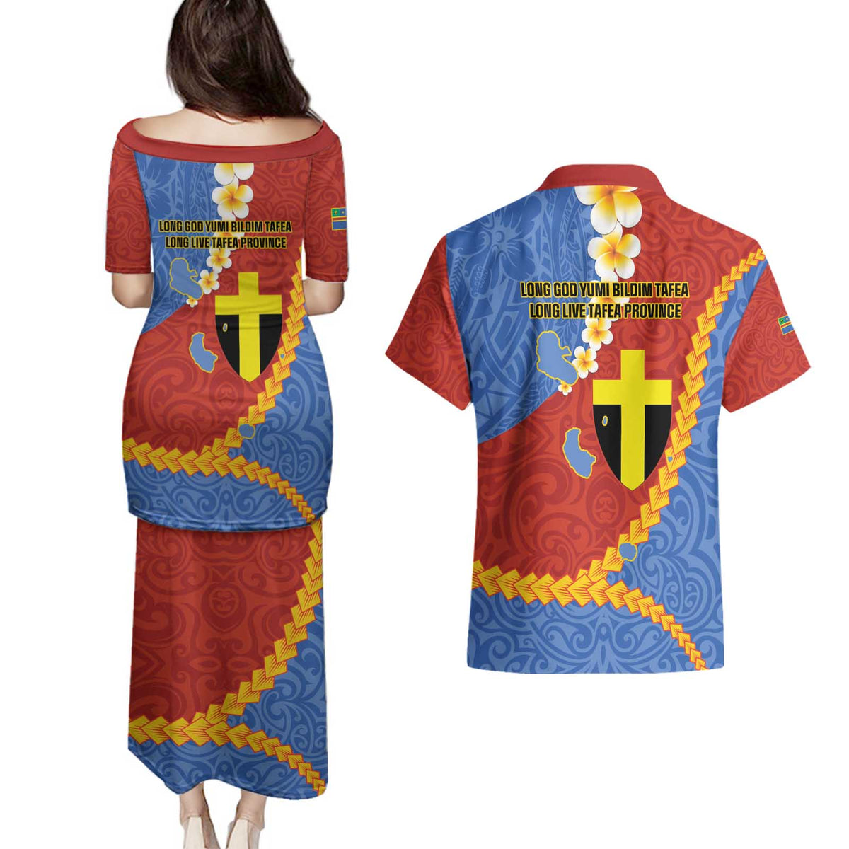 Tafea Province Couples Matching Puletasi and Hawaiian Shirt Vanuatu Pattern Map - Plumeria Flag Color