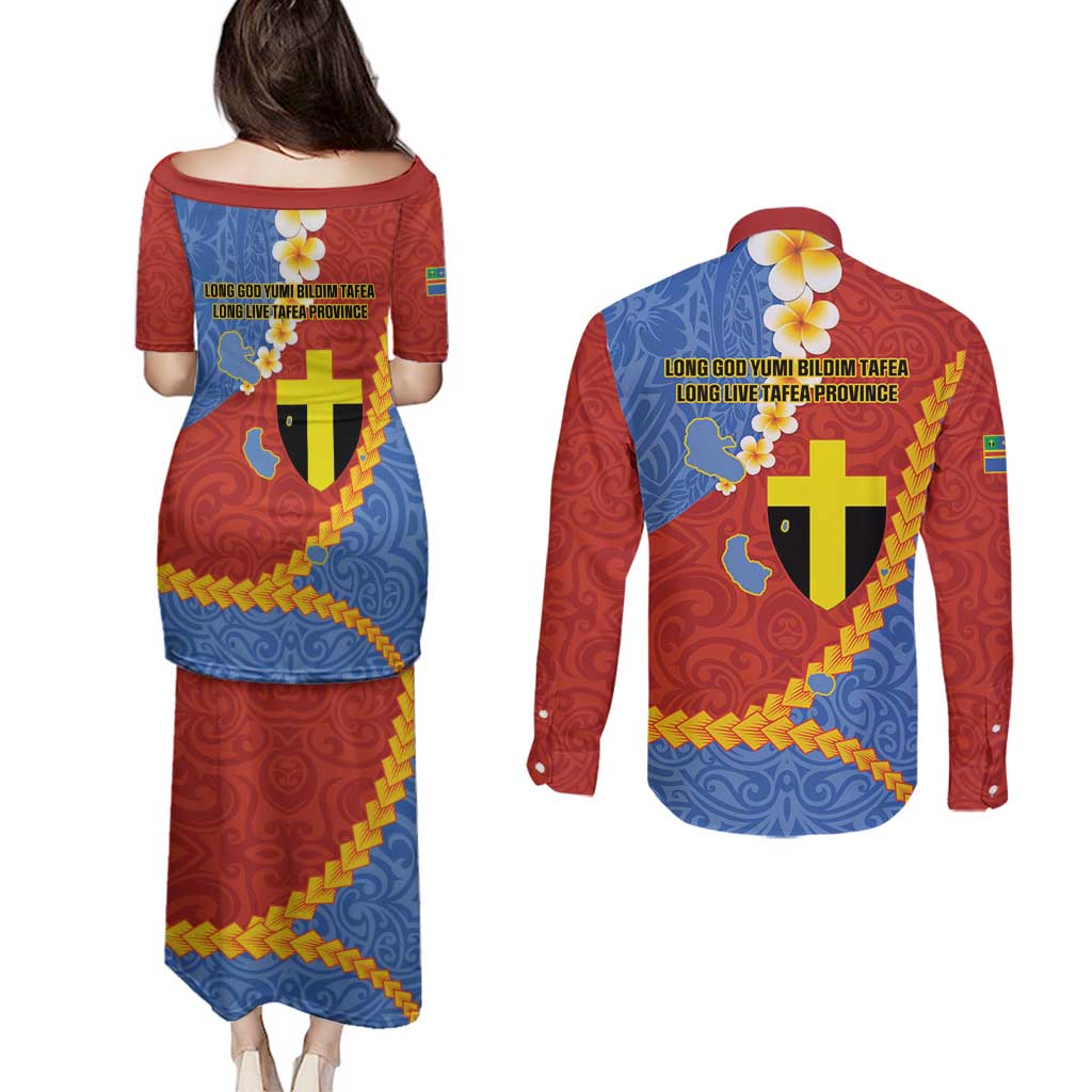 Tafea Province Couples Matching Puletasi and Long Sleeve Button Shirt Vanuatu Pattern Map - Plumeria Flag Color