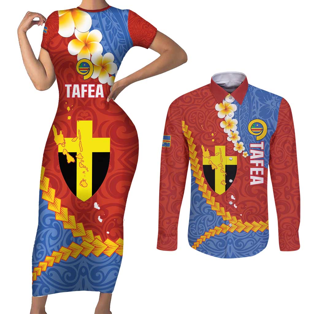 Tafea Province Couples Matching Short Sleeve Bodycon Dress and Long Sleeve Button Shirt Vanuatu Pattern Map - Plumeria Flag Color LT14 Red - Polynesian Pride