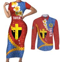 Tafea Province Couples Matching Short Sleeve Bodycon Dress and Long Sleeve Button Shirt Vanuatu Pattern Map - Plumeria Flag Color LT14 Red - Polynesian Pride