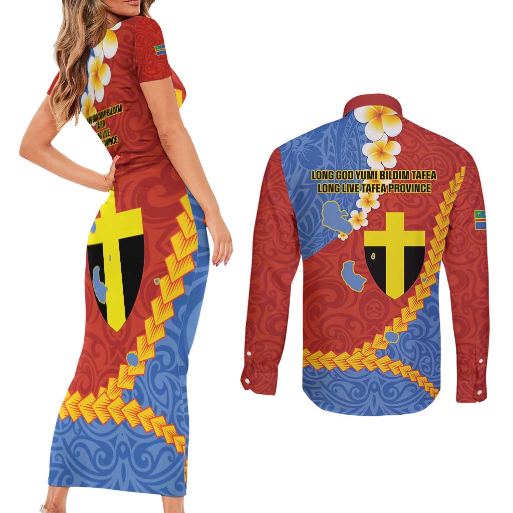 Tafea Province Couples Matching Short Sleeve Bodycon Dress and Long Sleeve Button Shirt Vanuatu Pattern Map - Plumeria Flag Color LT14 - Polynesian Pride