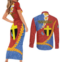 Tafea Province Couples Matching Short Sleeve Bodycon Dress and Long Sleeve Button Shirt Vanuatu Pattern Map - Plumeria Flag Color LT14 - Polynesian Pride