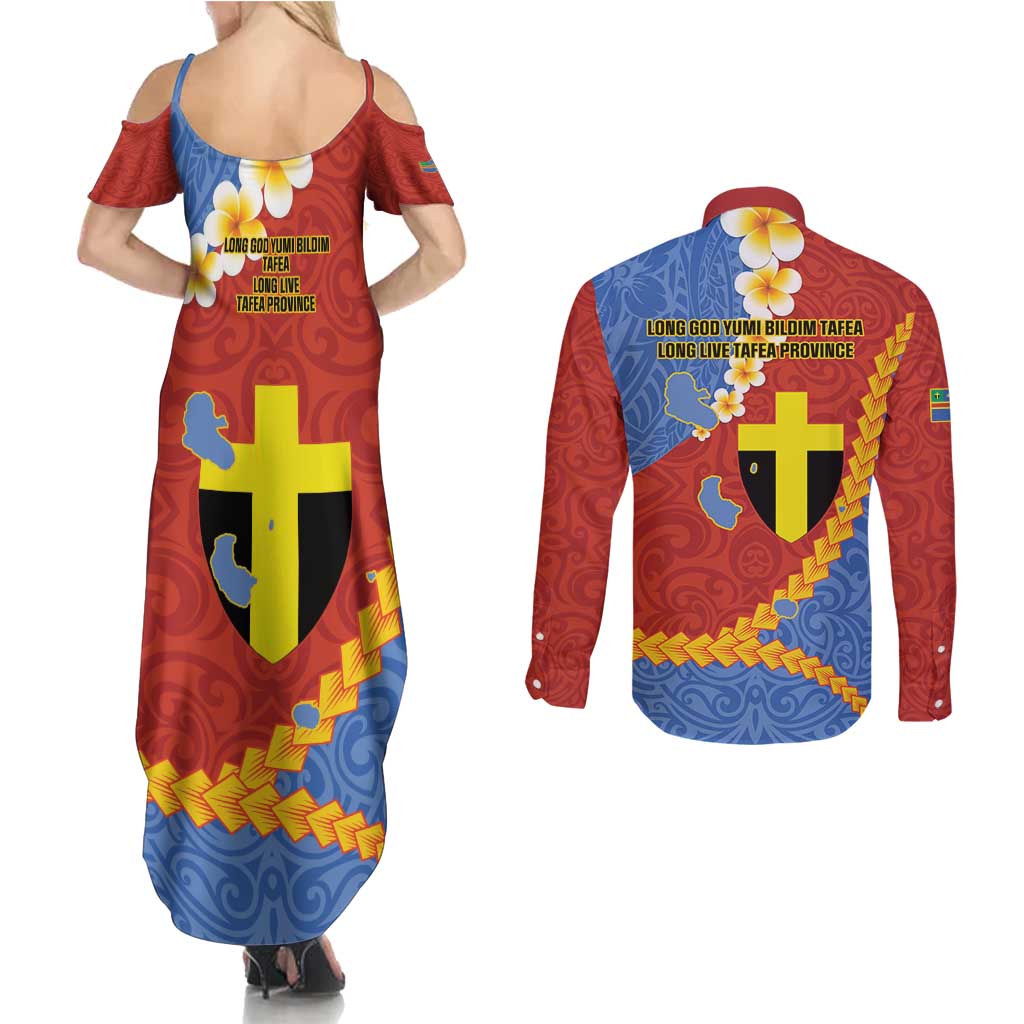 Tafea Province Couples Matching Summer Maxi Dress and Long Sleeve Button Shirt Vanuatu Pattern Map - Plumeria Flag Color