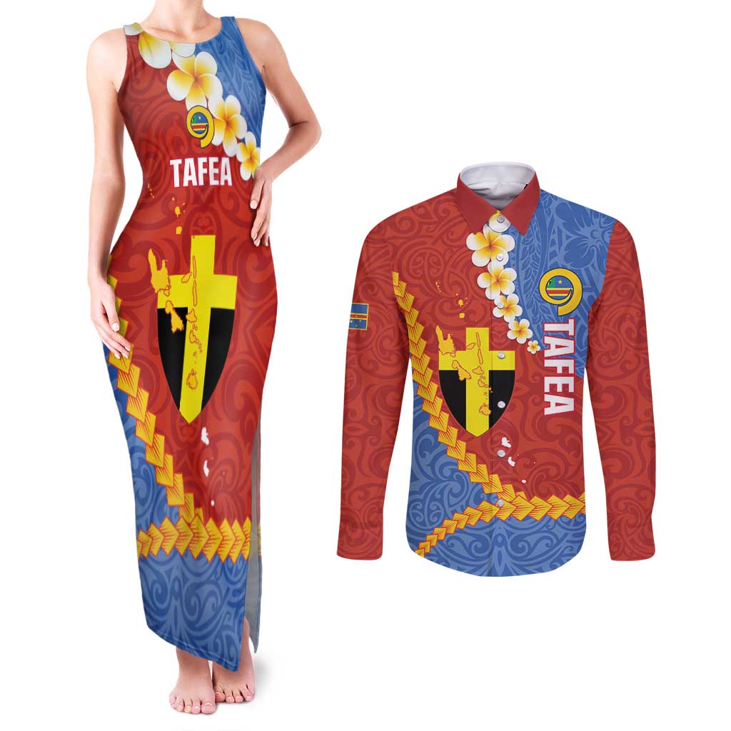 Tafea Province Couples Matching Tank Maxi Dress and Long Sleeve Button Shirt Vanuatu Pattern Map - Plumeria Flag Color