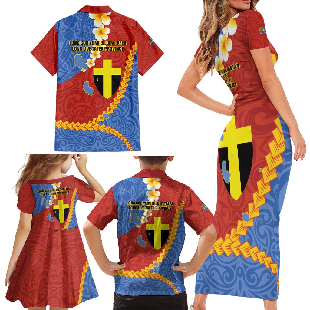 Tafea Province Family Matching Short Sleeve Bodycon Dress and Hawaiian Shirt Vanuatu Pattern Map - Plumeria Flag Color