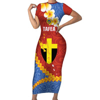 Tafea Province Family Matching Short Sleeve Bodycon Dress and Hawaiian Shirt Vanuatu Pattern Map - Plumeria Flag Color