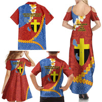 Tafea Province Family Matching Summer Maxi Dress and Hawaiian Shirt Vanuatu Pattern Map - Plumeria Flag Color