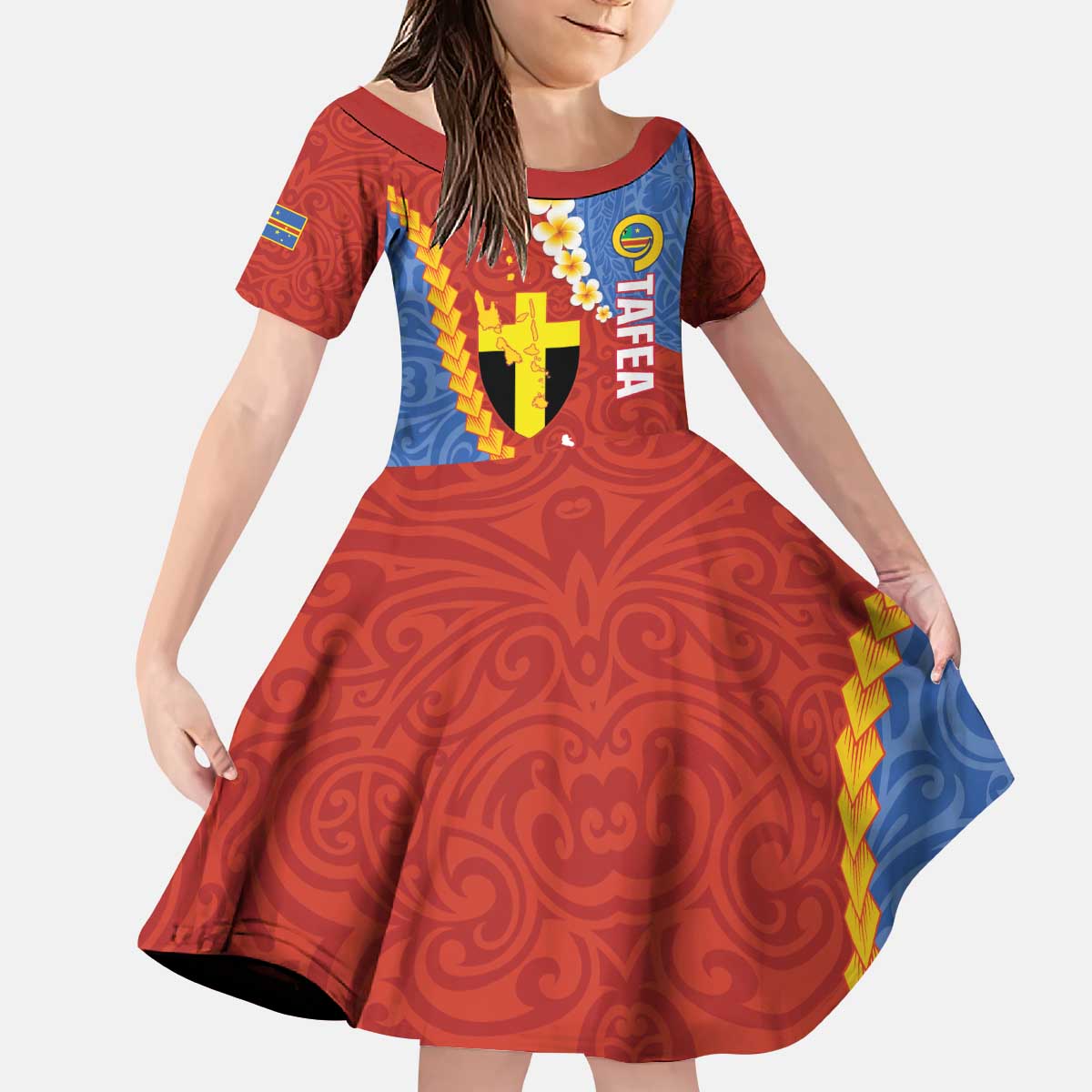 Tafea Province Kid Short Sleeve Dress Vanuatu Pattern Map - Plumeria Flag Color