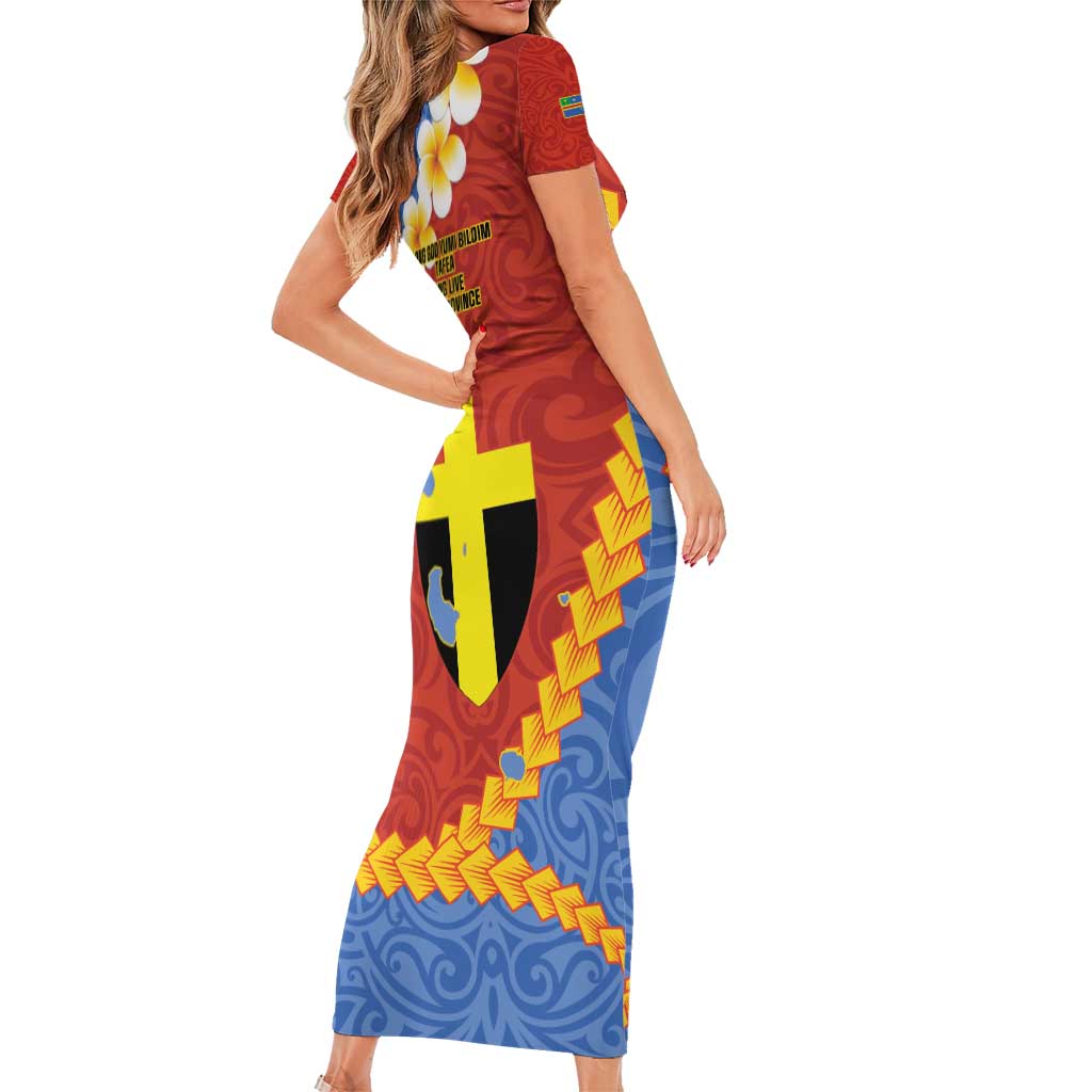 Tafea Province Short Sleeve Bodycon Dress Vanuatu Pattern Map - Plumeria Flag Color