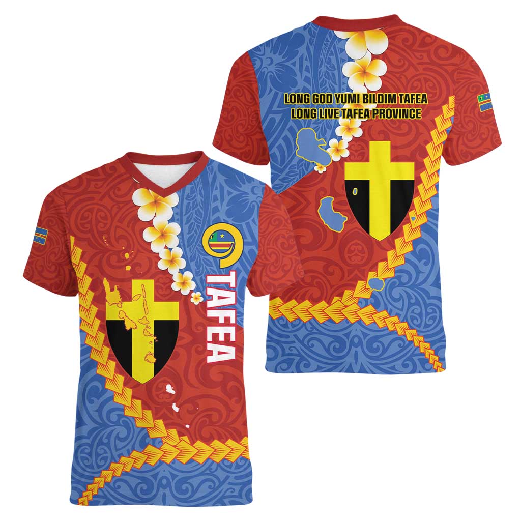 Tafea Province Women V-Neck T-Shirt Vanuatu Pattern Map - Plumeria Flag Color