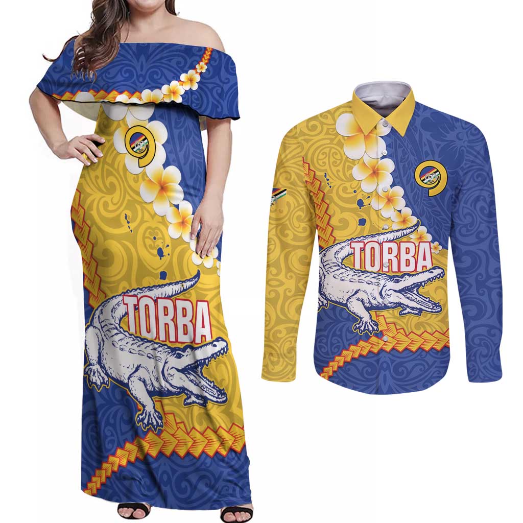 Torba Province Couples Matching Off Shoulder Maxi Dress and Long Sleeve Button Shirt Vanuatu Pattern Crocodile - Plumeria Flag Color LT14 Yellow - Polynesian Pride