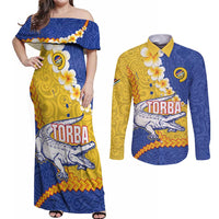 Torba Province Couples Matching Off Shoulder Maxi Dress and Long Sleeve Button Shirt Vanuatu Pattern Crocodile - Plumeria Flag Color LT14 Yellow - Polynesian Pride