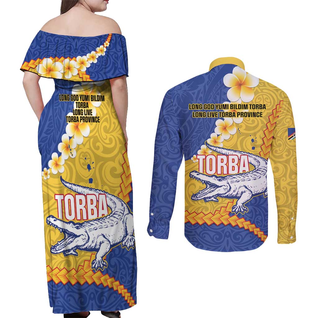 Torba Province Couples Matching Off Shoulder Maxi Dress and Long Sleeve Button Shirt Vanuatu Pattern Crocodile - Plumeria Flag Color LT14 - Polynesian Pride