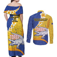 Torba Province Couples Matching Off Shoulder Maxi Dress and Long Sleeve Button Shirt Vanuatu Pattern Crocodile - Plumeria Flag Color LT14 - Polynesian Pride