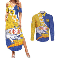 Torba Province Couples Matching Summer Maxi Dress and Long Sleeve Button Shirt Vanuatu Pattern Crocodile - Plumeria Flag Color LT14 Yellow - Polynesian Pride