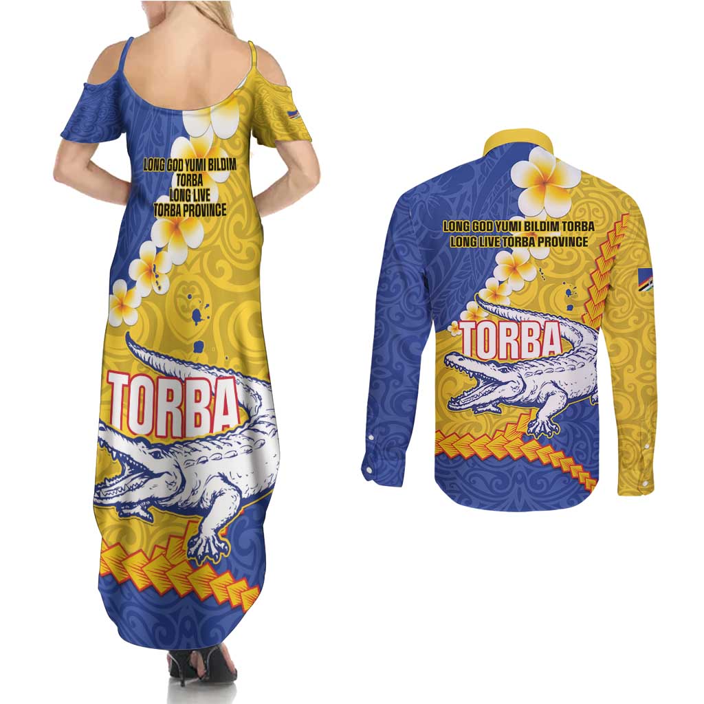 Torba Province Couples Matching Summer Maxi Dress and Long Sleeve Button Shirt Vanuatu Pattern Crocodile - Plumeria Flag Color LT14 - Polynesian Pride