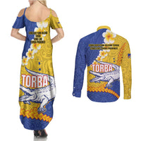 Torba Province Couples Matching Summer Maxi Dress and Long Sleeve Button Shirt Vanuatu Pattern Crocodile - Plumeria Flag Color LT14 - Polynesian Pride