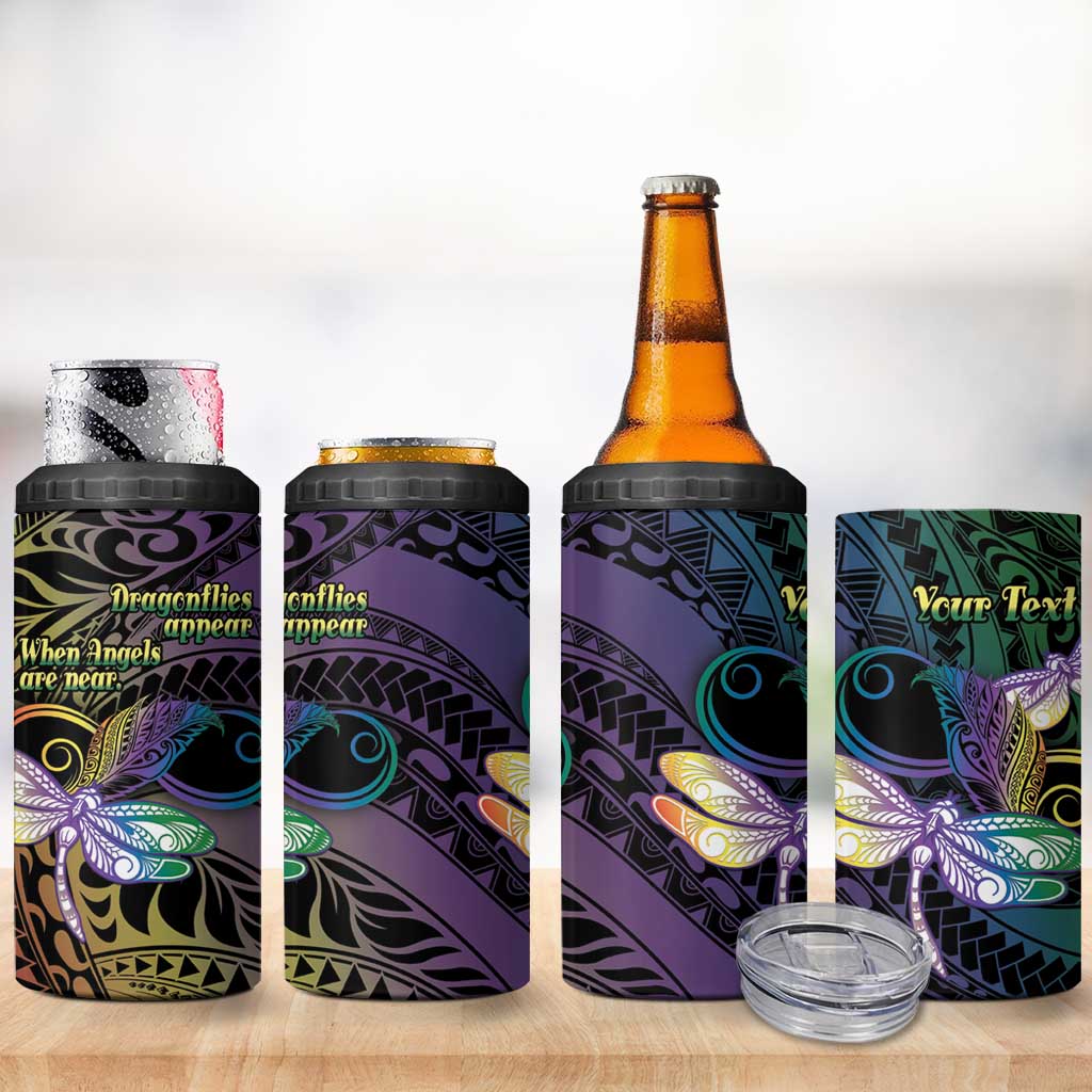 Personalized Polynesian Memorial 4 in 1 Can Cooler Tumbler Dragonflies Appear When Angels Are Near