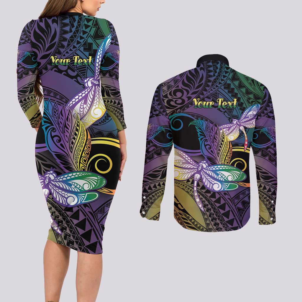 Personalized Polynesian Memorial Couples Matching Long Sleeve Bodycon Dress and Long Sleeve Button Shirt Dragonflies Appear When Angels Are Near