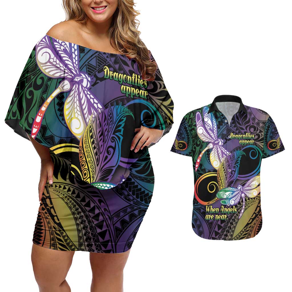 Personalized Polynesian Memorial Couples Matching Off Shoulder Short Dress and Hawaiian Shirt Dragonflies Appear When Angels Are Near