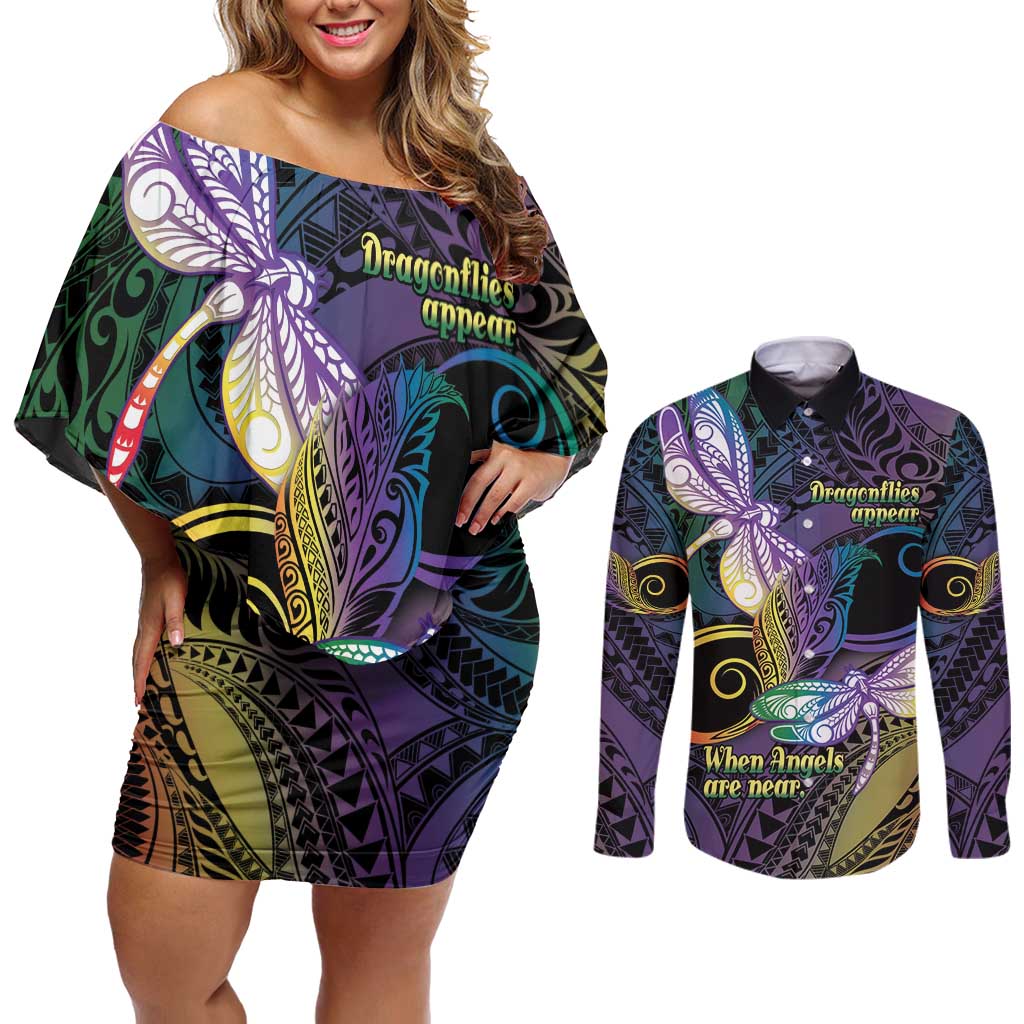 Personalized Polynesian Memorial Couples Matching Off Shoulder Short Dress and Long Sleeve Button Shirt Dragonflies Appear When Angels Are Near