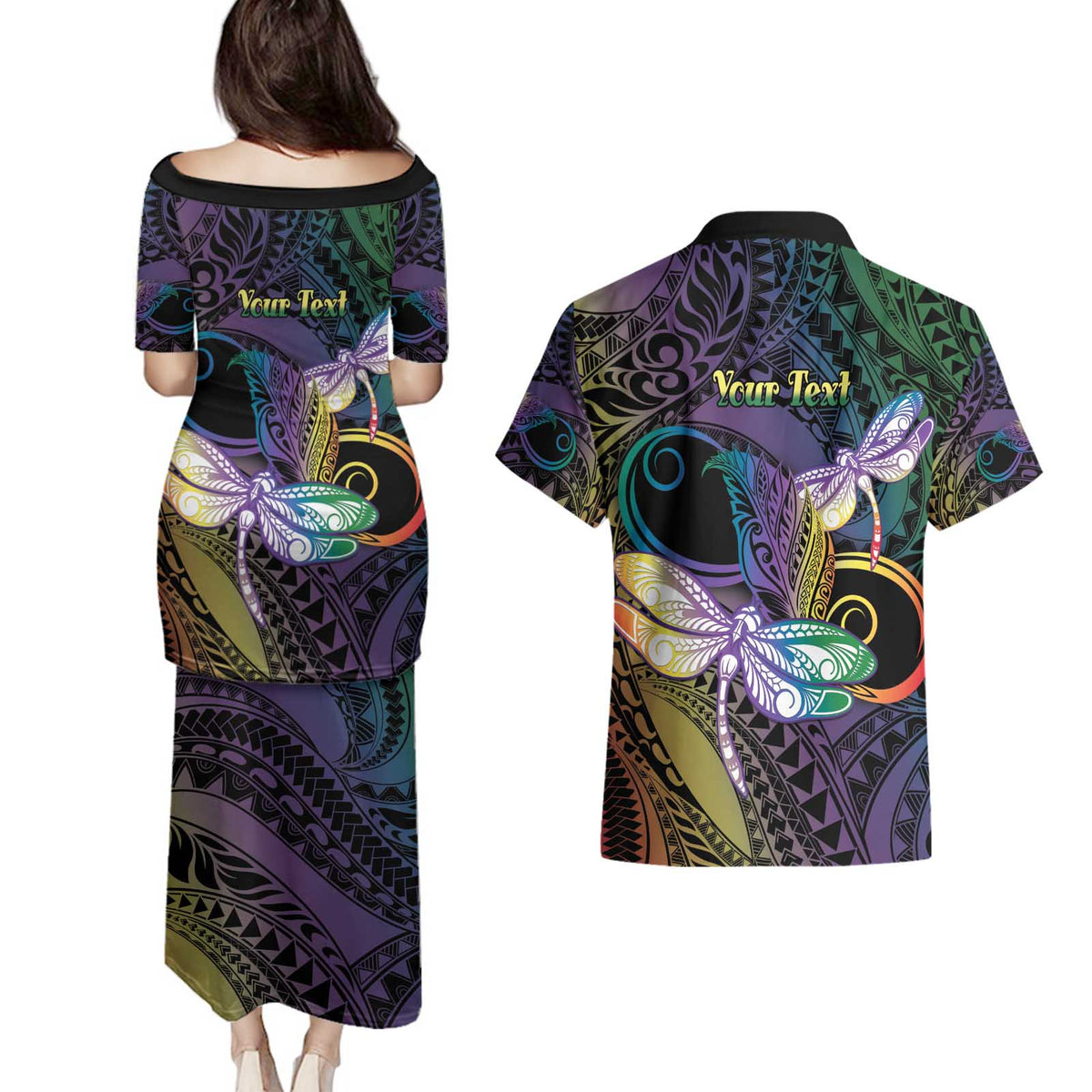 Personalized Polynesian Memorial Couples Matching Puletasi and Hawaiian Shirt Dragonflies Appear When Angels Are Near