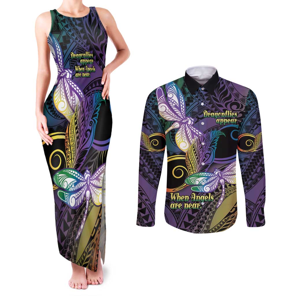 Personalized Polynesian Memorial Couples Matching Tank Maxi Dress and Long Sleeve Button Shirt Dragonflies Appear When Angels Are Near