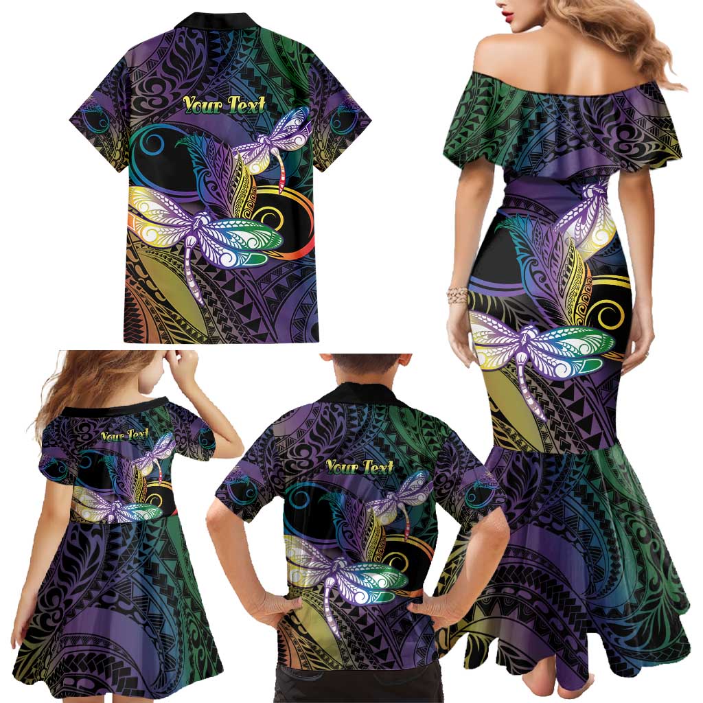 Personalized Polynesian Memorial Family Matching Mermaid Dress and Hawaiian Shirt Dragonflies Appear When Angels Are Near