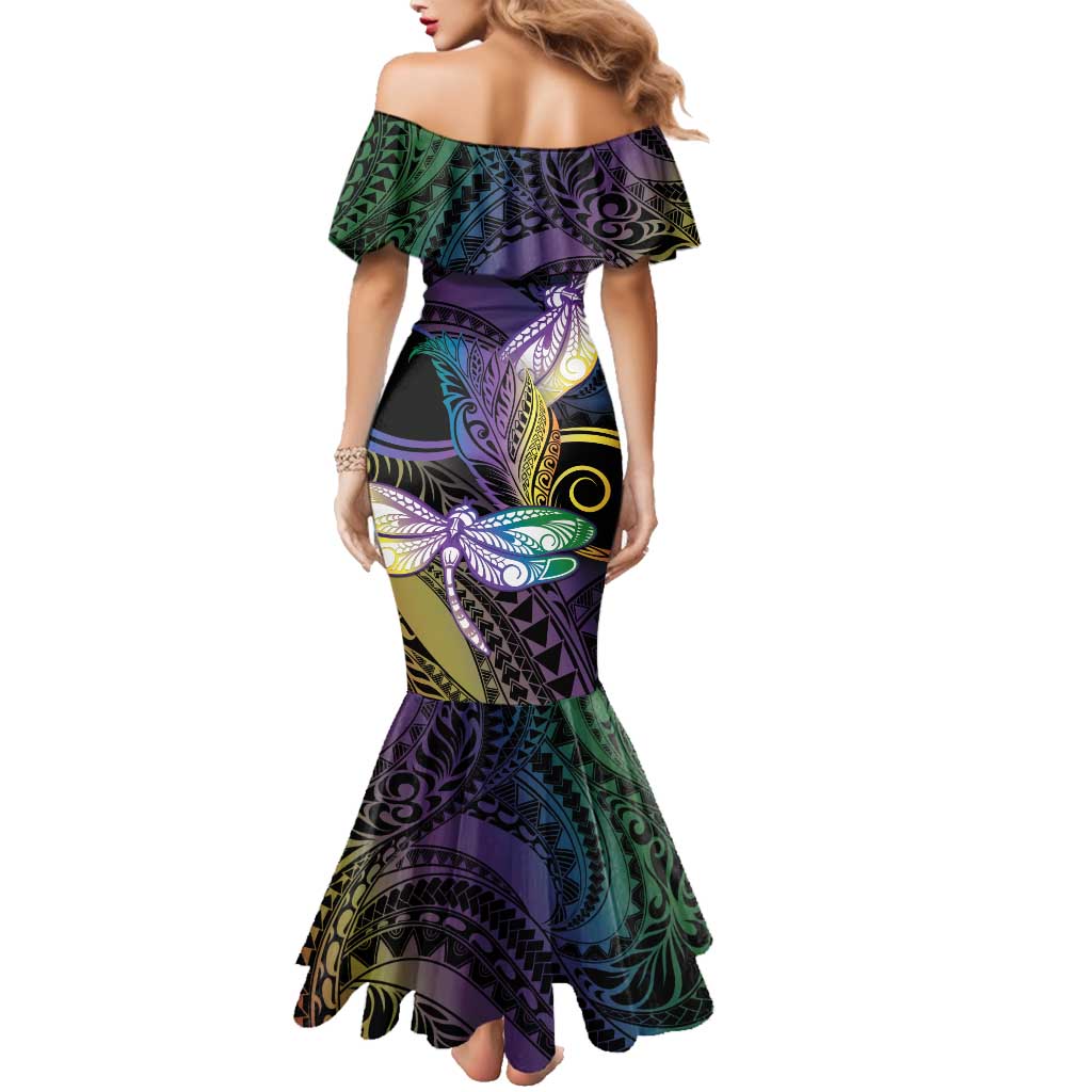 Personalized Polynesian Memorial Family Matching Mermaid Dress and Hawaiian Shirt Dragonflies Appear When Angels Are Near