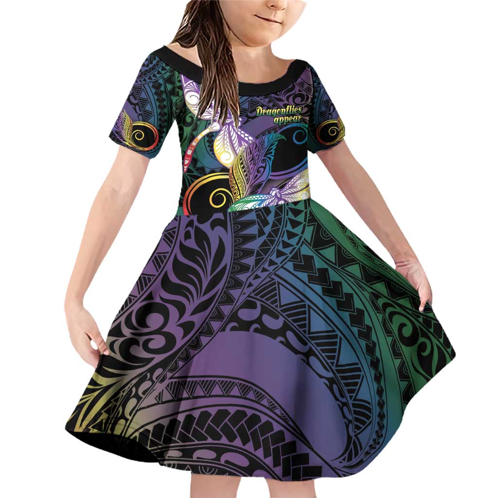 Personalized Polynesian Memorial Family Matching Off Shoulder Short Dress and Hawaiian Shirt Dragonflies Appear When Angels Are Near LT14 Daughter's Dress Colorful - Polynesian Pride