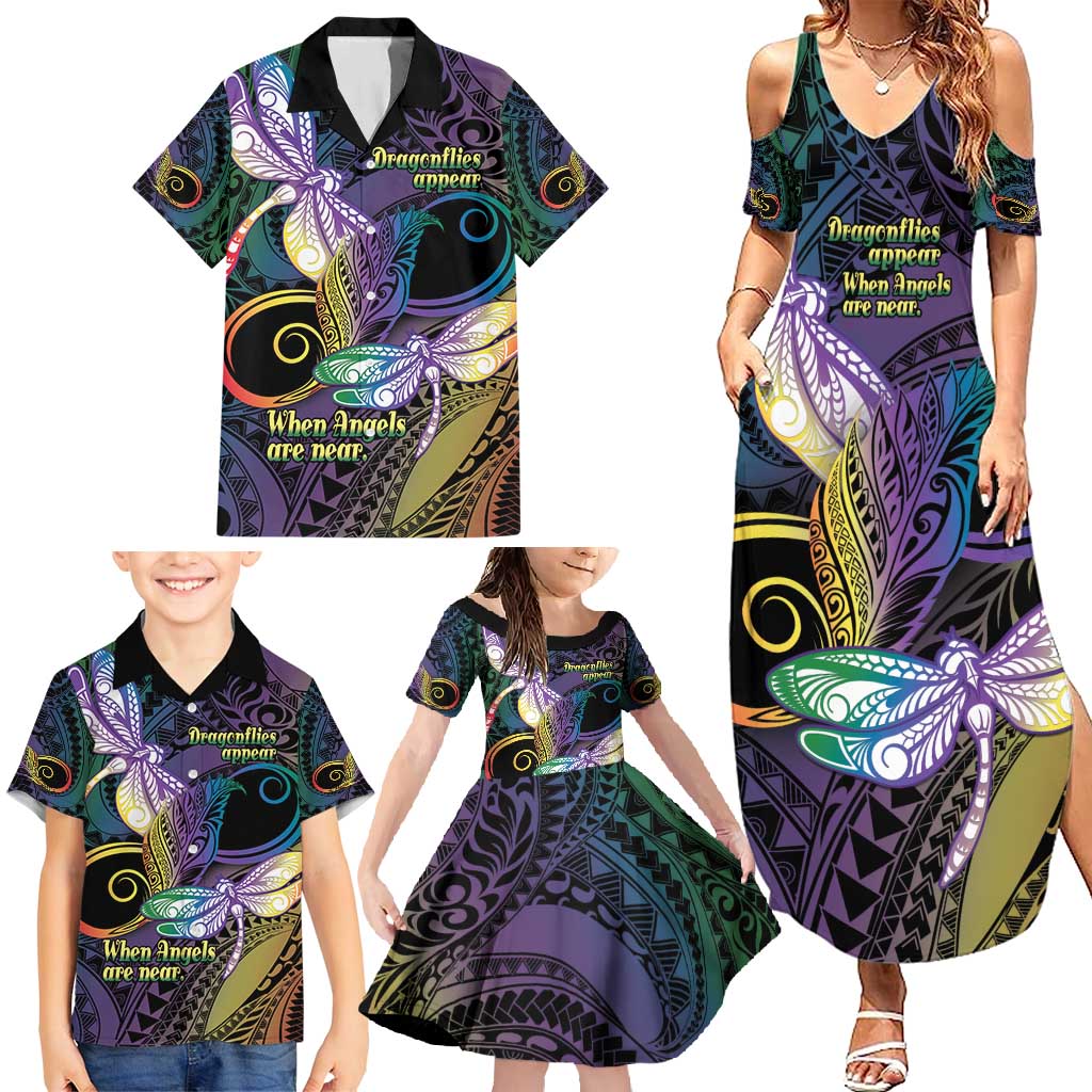 Personalized Polynesian Memorial Family Matching Summer Maxi Dress and Hawaiian Shirt Dragonflies Appear When Angels Are Near LT14 - Polynesian Pride