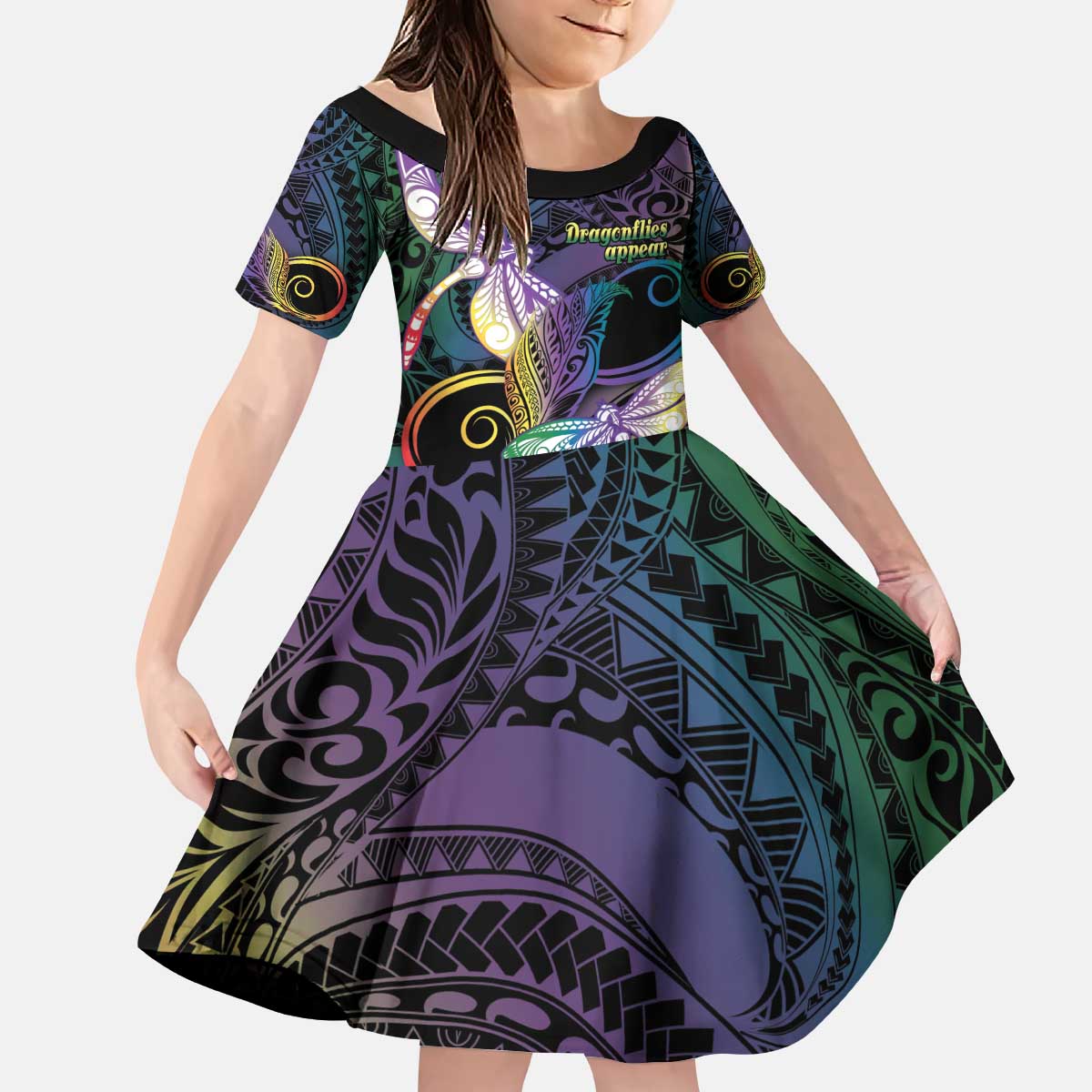 Personalized Polynesian Memorial Kid Short Sleeve Dress Dragonflies Appear When Angels Are Near