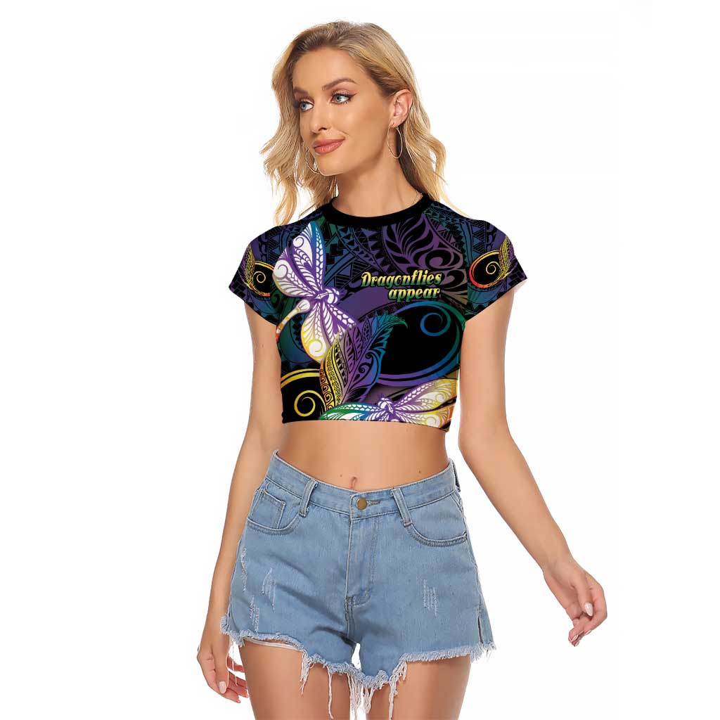 Personalized Polynesian Memorial Raglan Cropped T Shirt Dragonflies Appear When Angels Are Near LT14 Female Colorful - Polynesian Pride