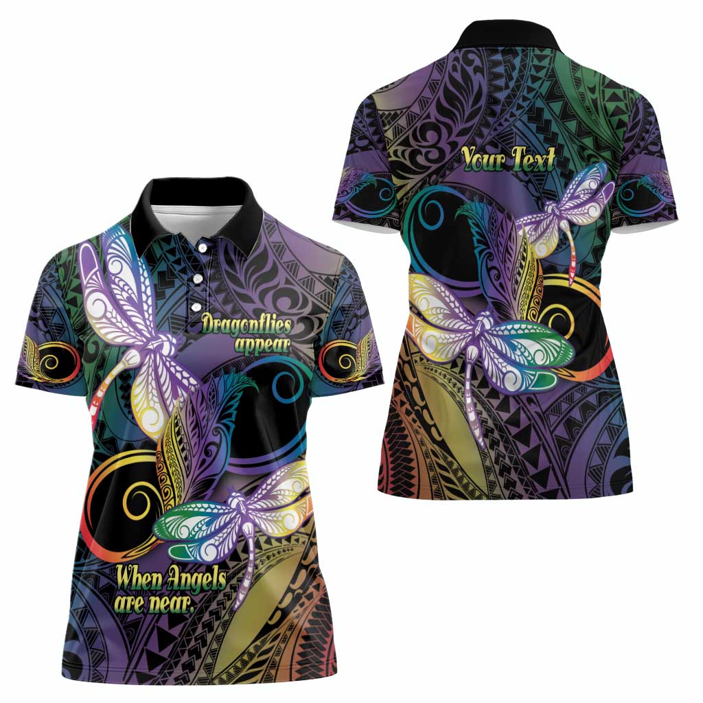 Personalized Polynesian Memorial Women Polo Shirt Dragonflies Appear When Angels Are Near