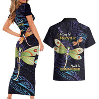 As Long As I Breathe You'll Be Remembered Couples Matching Short Sleeve Bodycon Dress and Hawaiian Shirt Dragonflies Memorial - Polynesian Pattern